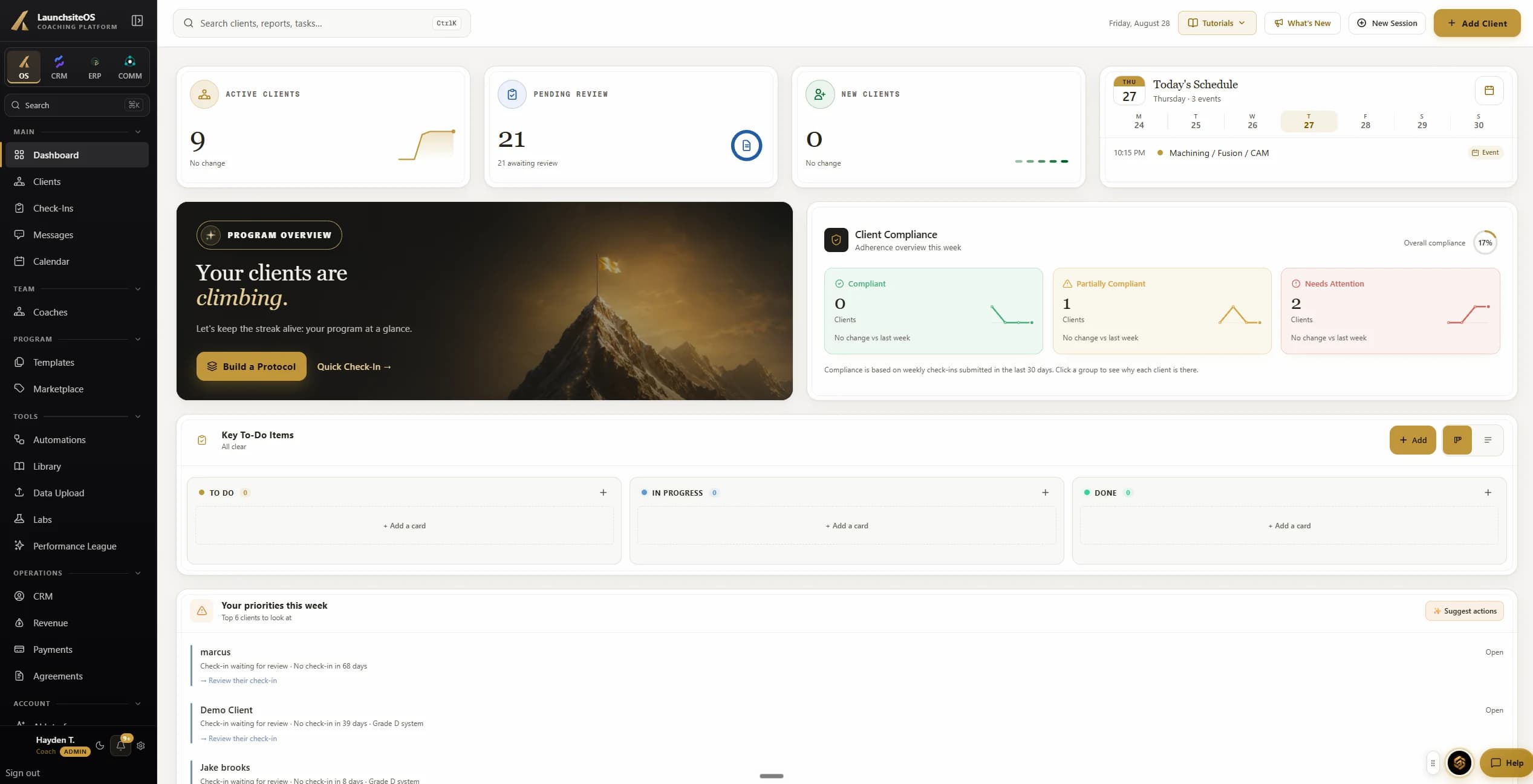 The LaunchSite OS coach dashboard, showing active clients, today's schedule and the week's to-do list