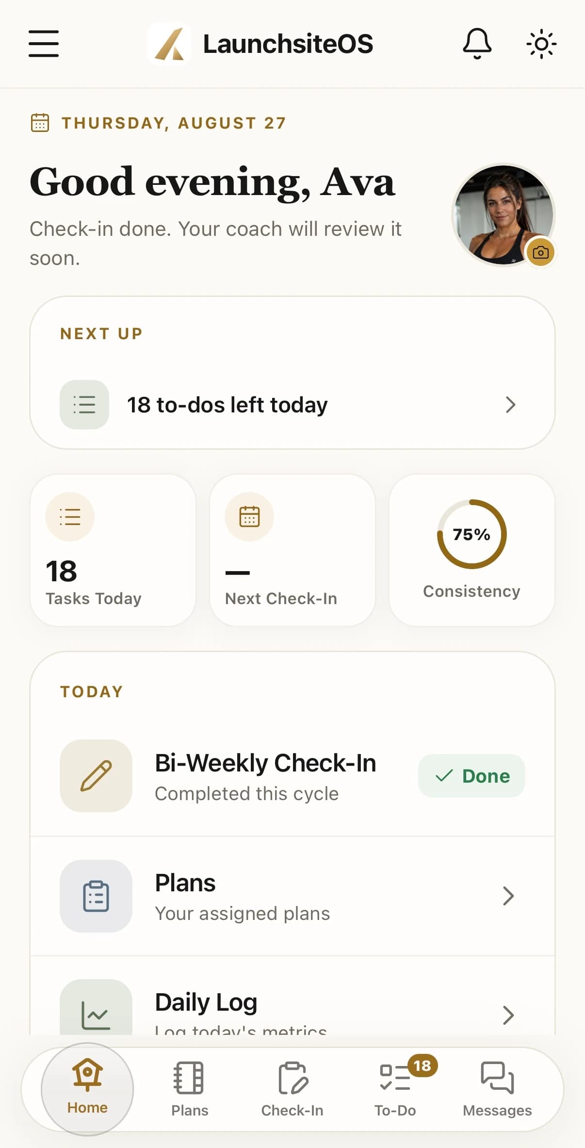 The LaunchSite OS client app, showing today's plan and check-in