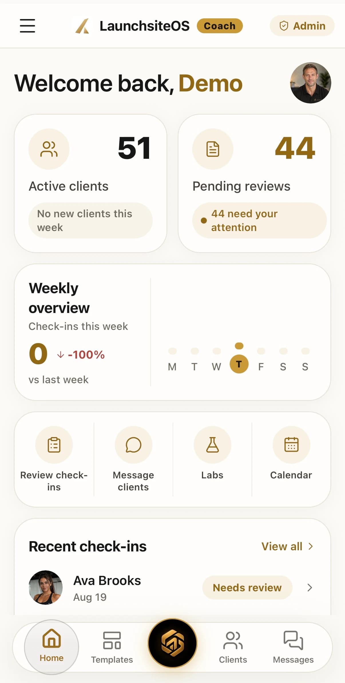 The LaunchSite OS coach app, showing the roster and pending reviews